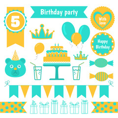 Wall Mural - set of festive birthday party elements. Flat design.