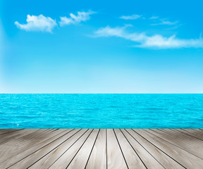 Poster - Nature background with a wooden deck, the sea and the sky. Vecto