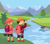 Fototapeta Sport - river, meadow and beautiful landscape (vector illustration)