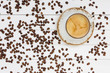 Cup of coffee, coffee background. Top view