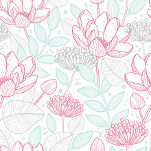Vector Modern Line Art Florals Seamless Pattern Background