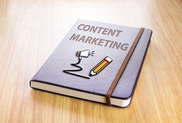 Poster - Brown notebook with Content marketing word and pencil with speak