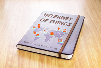 Poster - Brown notebook with Internet of things word and global map with