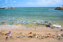 Pollution On The Beach Of Tropical Sea.