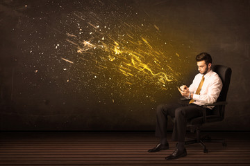 Sticker - Businessman with tablet and energy explosion on background