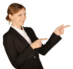 Business woman shows forefinger ahead of yourself. white