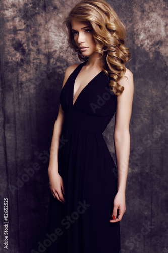 Girl With Blond Curly Hair Wearing Elegant Black Dress Buy This