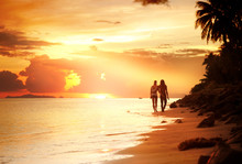 Lovers Walk Along The Beach At Sunset