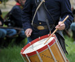 Civil War Union drummer boy drumming closeup