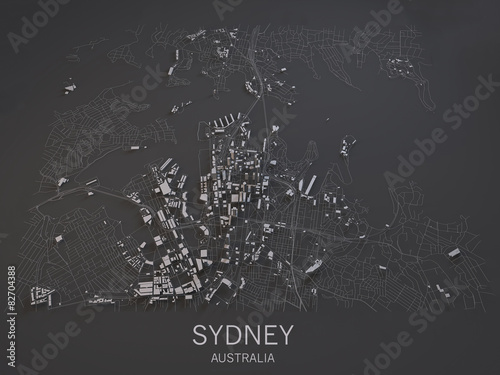 Fotografía Cartina di Sydney, Australia, vista satellitare, mappa in 3d