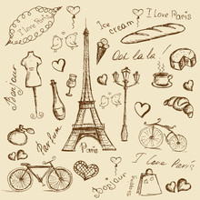 Vector Hand Drawn Illustration With Paris Symbols.