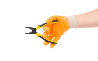 Hand in gloves holding pliers.