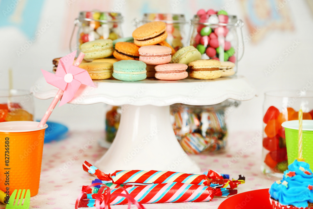 Prepared birthday table with sweets for children party