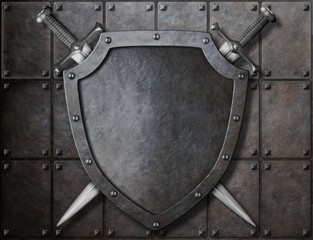Wall Mural - knight shield and two swords over armor plates 