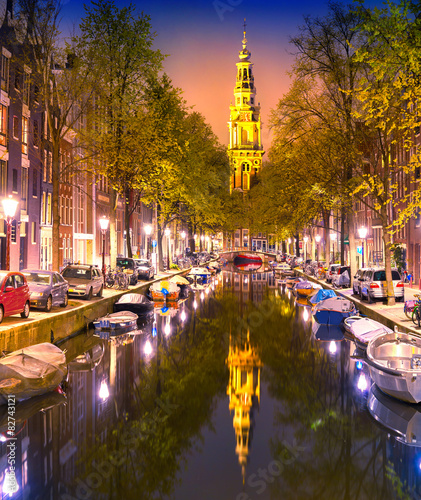 South Church Zuiderkerk and Amsterdam Canals at dusk