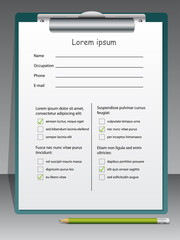  Questionnaire with ticks on a clipboard