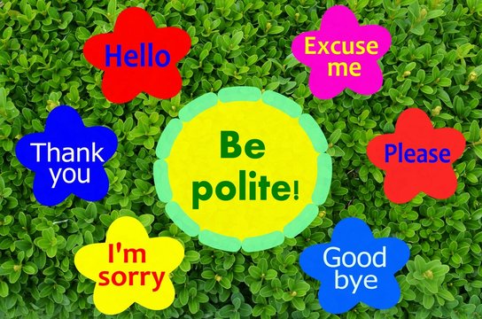 Wall Mural -  - Be polite message on colorful flowers and green shrub background
