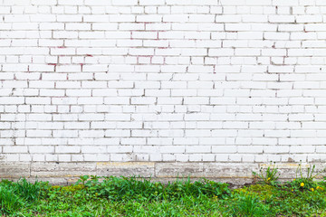 White brick wall and fresh green grass