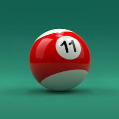 Canvas Print - Billiard ball number 11 striped white and red color on green