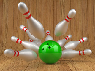 Canvas Print - Green bowling ball and scattered skittles on wood