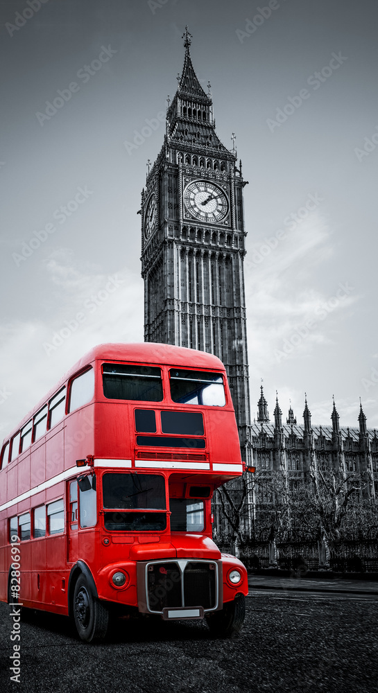 London bus und Big Ben - obrazy, fototapety, plakaty 