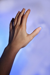 Wall Mural - Female hand and blue shadow on light colorful background