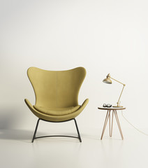 modern mustard chair with a side table with hairpin legs