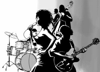 Wall Mural - Jazz singer with guitar saxophone and double-bass player
