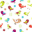 Seamless pattern of colorful birds on white background.
