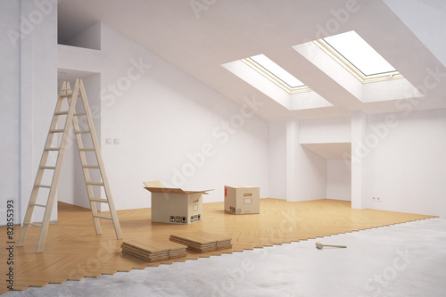 Fotografie, Obraz Parkett verlegen beim Ausbau vom Dachboden