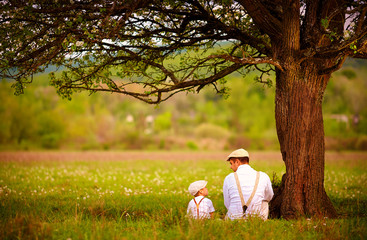 Wall Mural - father and son sitting under the tree on spring lawn