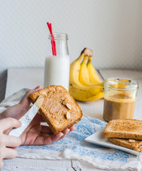 banana smoothie, toast with peanut butter, roasted peanuts, brea