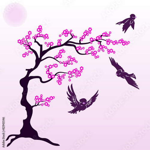 Naklejka ścienna Flowering tree or a bird on a pink background