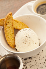 Espresso with vanilla ice cream and biscotti