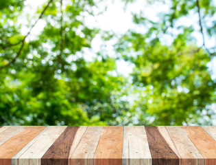 Aufkleber - Empty perspective table with blurred green tree forest,Template
