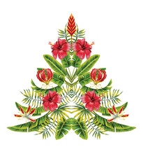 Christmas Tree Made Of Exotic Tropic Flowers And Palm Leaves