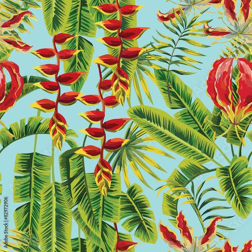 Stoffe zum Nähen exotic flowers and banana leaves painting seamless background
