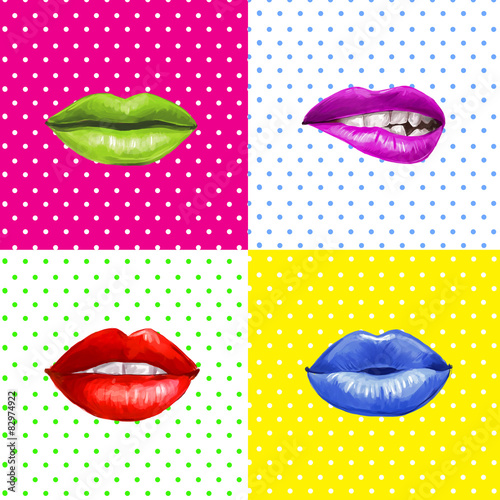 Naklejka dekoracyjna Pop art lips.Lips background. Lipstick advertisement.Smiley lips.Temptation, love, happy, lust,kiss lips. Lips set isolated . Design element. Red lips. Lips background. Healthy and white teeth.