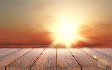 Wall Mural - 3D wooden table looking out to a sunset sky