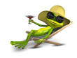 Frog in a hat on a deck chair with a glass