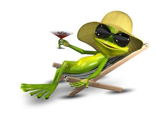 Poster - Frog in a hat on a deck chair with a glass