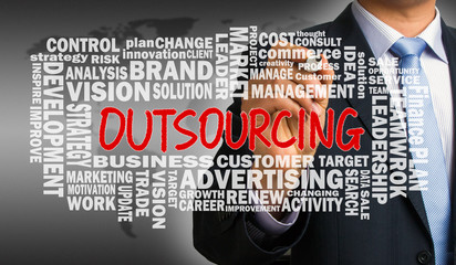 Wall Mural - outsourcing with related word cloud handwritten by businessman