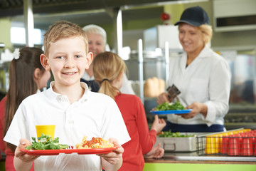 Wall Mural - Male Pupil With Healthy Lunch In School Cafeteria