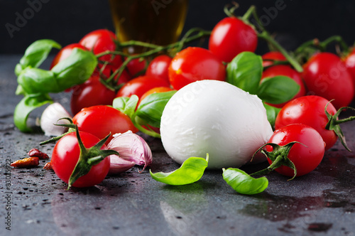 Fotografía Concept of italian food with mozzarella, tomato and basil