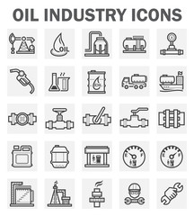 Oil and gas industry icon i.e. global process of exploration, extraction and refinery. Transport by oil tanker and pipeline. Business of petroleum product. Gas station and refuel. Vector icon set.