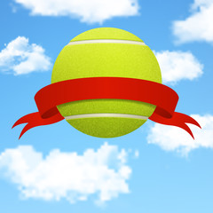 Wall Mural - Vector tennis ball with red ribbon over sky background