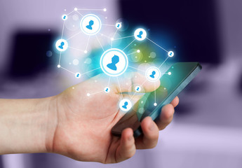 finger pointing on smartphone, social network concept