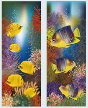 Underwater Banners With Yellow Tropical Fish, Vector 