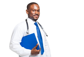 Black doctor portrait isolated on white