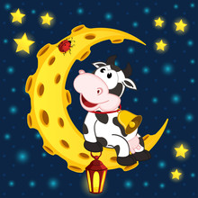 Cow And Ladybug On Moon - Vector Illustration, Eps